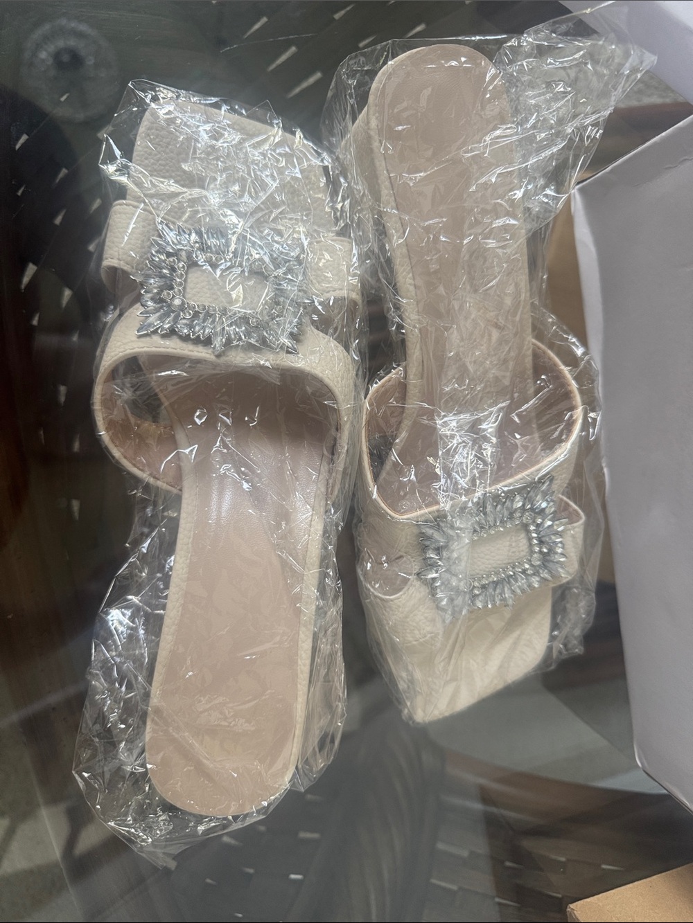 SHEIN Beige Embellished Slide Sandals with Crystal Buckle